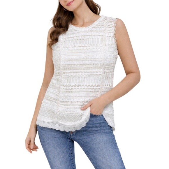 Alexis Women's White Lace Sleeveless Scalloped Hem High Neck Designer Top Size S